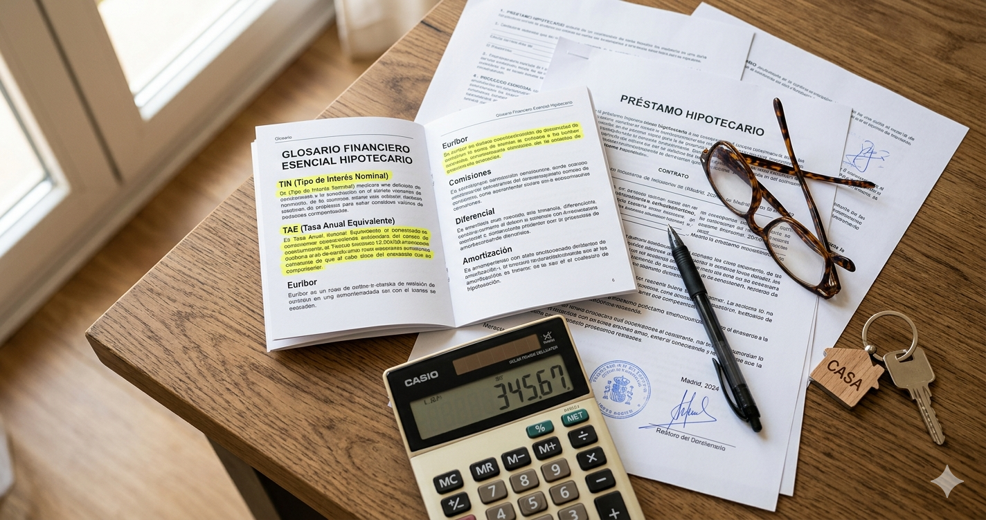 Glosario financiero hipotecario abierto sobre mesa con documentos de préstamo hipotecario, calculadora, gafas y llaves de casa