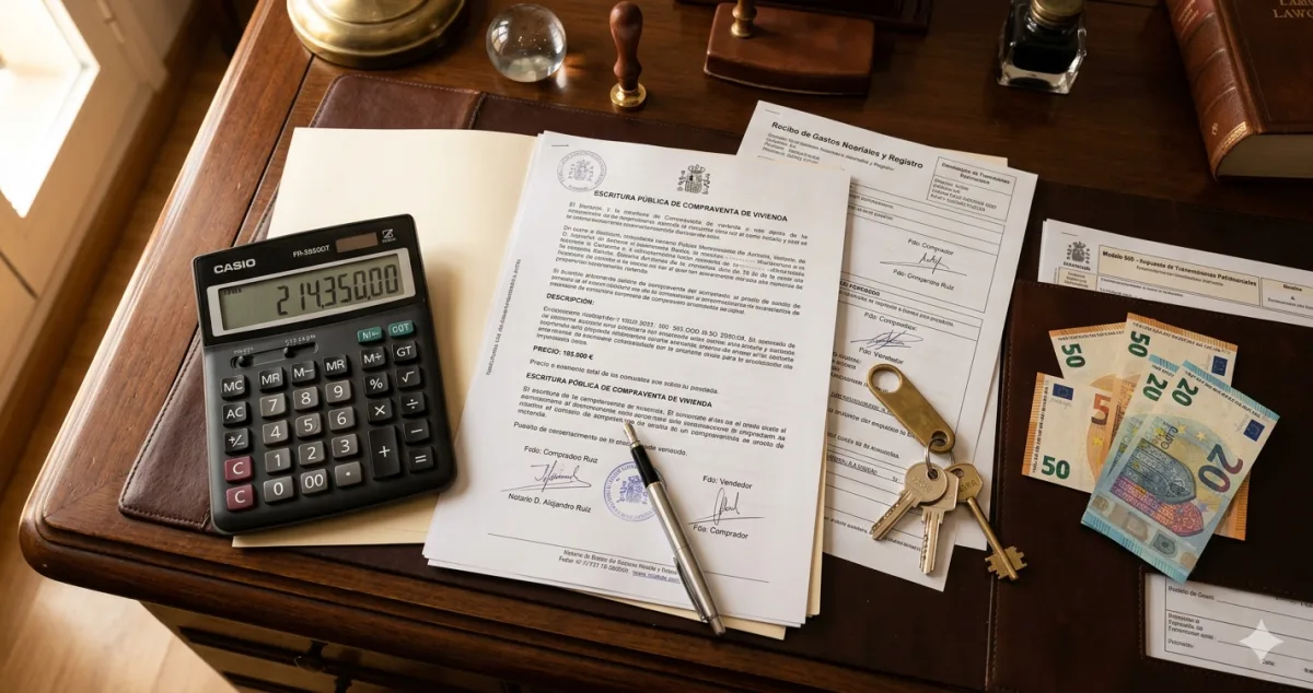 Escritura pública de compraventa de vivienda en mesa de notaría con calculadora, llaves de casa y billetes de euro