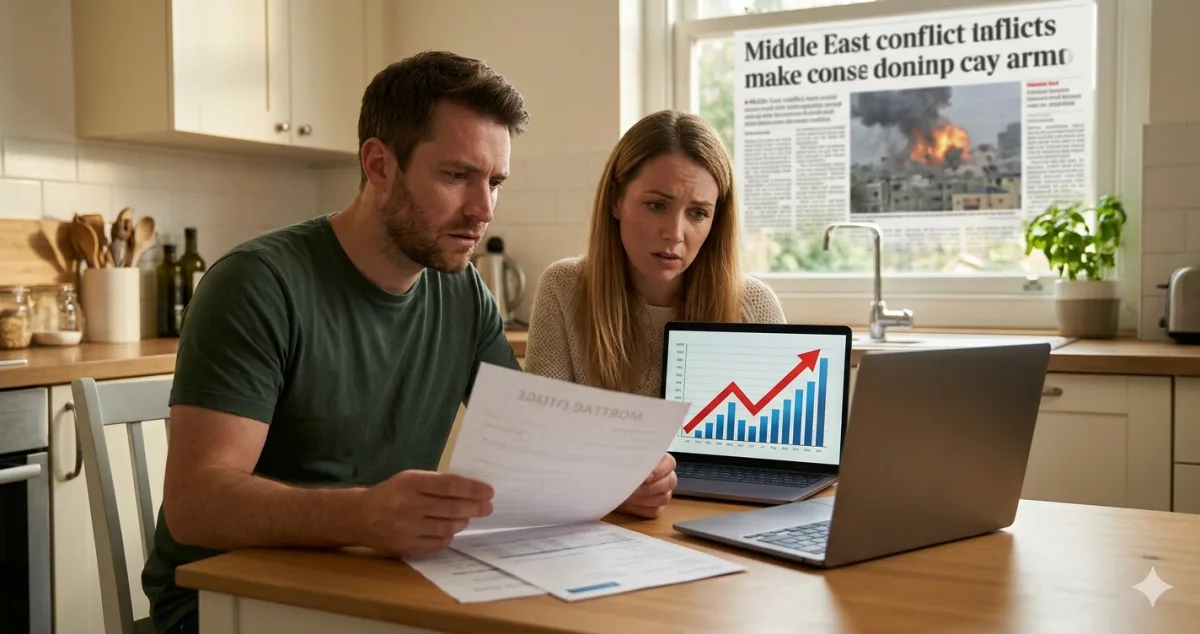 Pareja preocupada revisando documentos de hipoteca con gráficos financieros al alza y noticias sobre el conflicto en Oriente Medio