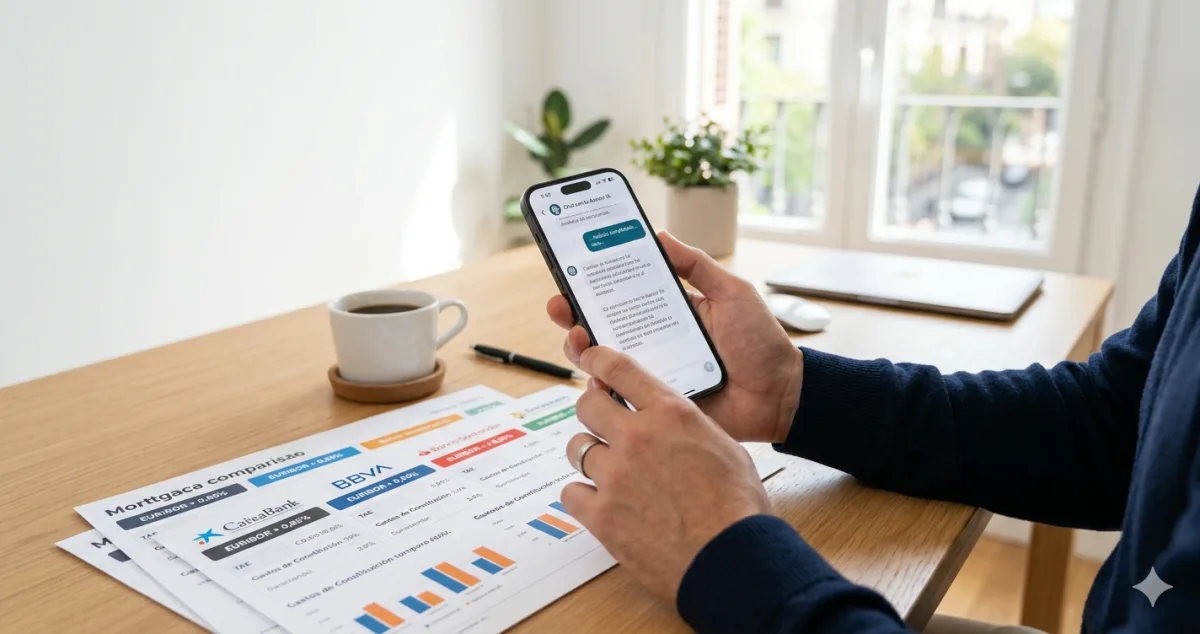 Persona usando asesor hipotecario con inteligencia artificial en el móvil junto a comparativas de hipotecas de bancos españoles